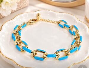 18K Plated Gold Blue Enamel Link Bracelet